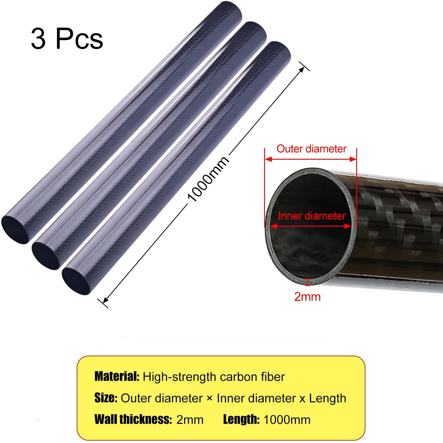 Tubo de fibra de carbono, Tubos de fibra carbono 3K, negros, 7-45 mm x 1000, paquete 2 o 3 for drones, robótica industrial(Black-3pcs,10x6x1000mm)