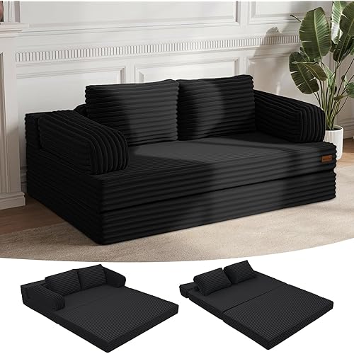 MeMoreCool Convertible Sofa Bed Black, Folding Floor Couch Bed Queen, Pull Out Sleeper Couch with Pillows, Corduroy Fold Out Futon Sofa for Bedroom Living Room Small Space