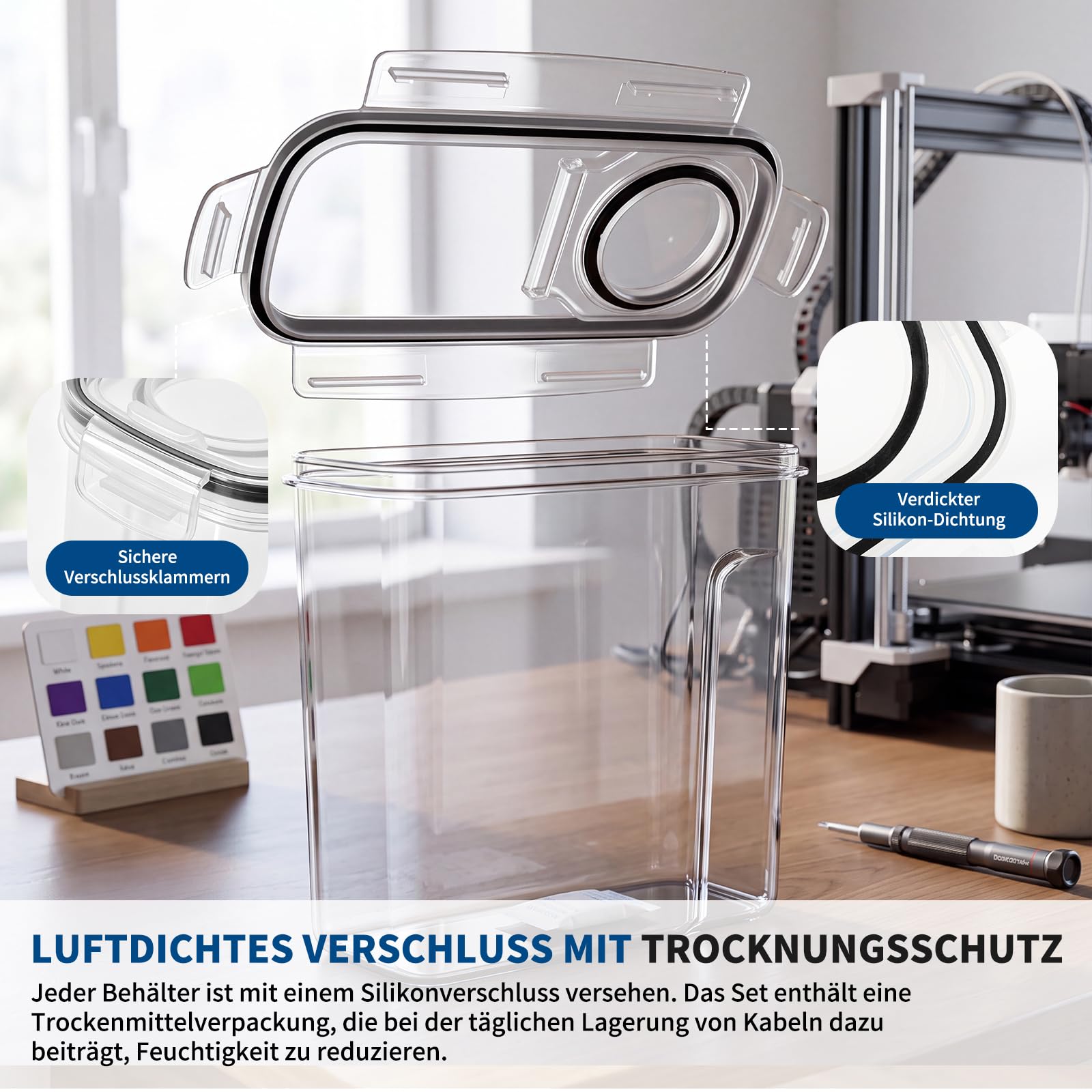 4 Stück Filament Aufbewahrungsbox, Filament Container für 3D Druck Filament Versiegelung und Schutz, Tragbare Aufbewahrung mit 4 Hygrometer, Rohrabschneider, Trockenmittel & Etiketten 4,0L
