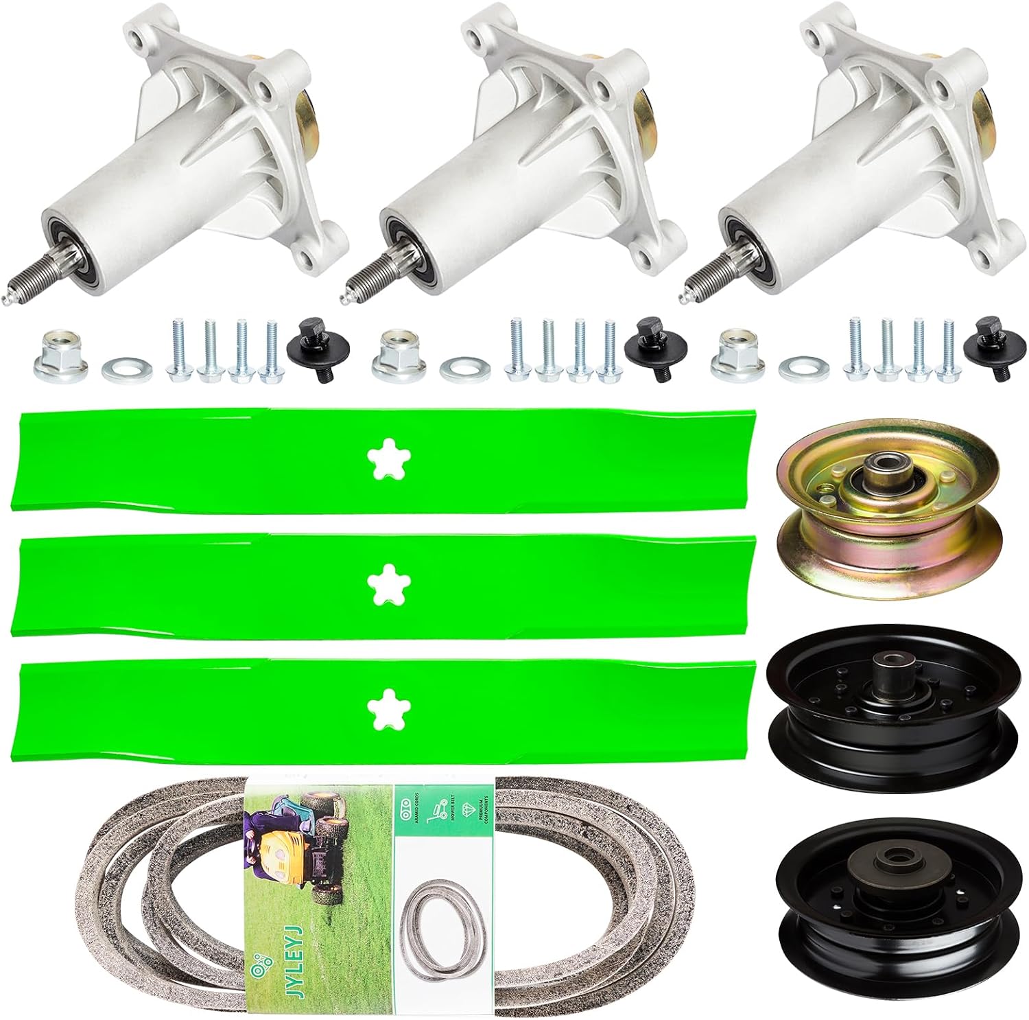Lawn Mower Deck Rebuild Kit for Hus qvarna 48 inch YTH2348 YTH22K48 2448T 2748GLS Includes 3 Spindle 187292 192870, 3 Blade 532173921, 1 Idler 177968, 1 Idler 196104, 1 Idler 196106, 1 Be lt 197242