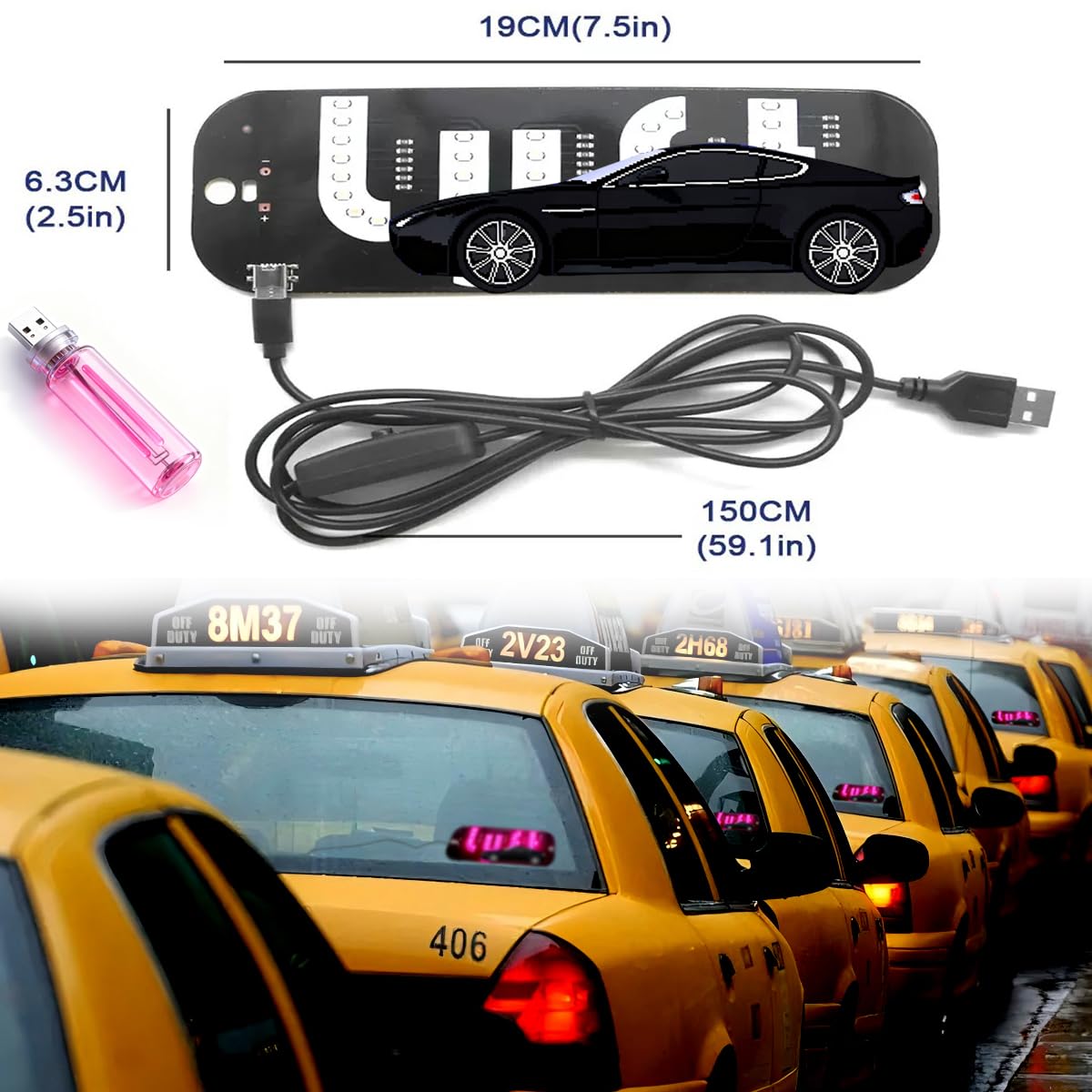 LED Light for Car | Touch Control Cars USB Night Light, USB Cable Taxi Light Pink car Accessories, Decal with Suction Cups Flashing Hook (1*Touch Control Small Lights 1* Cars Signs) - 5