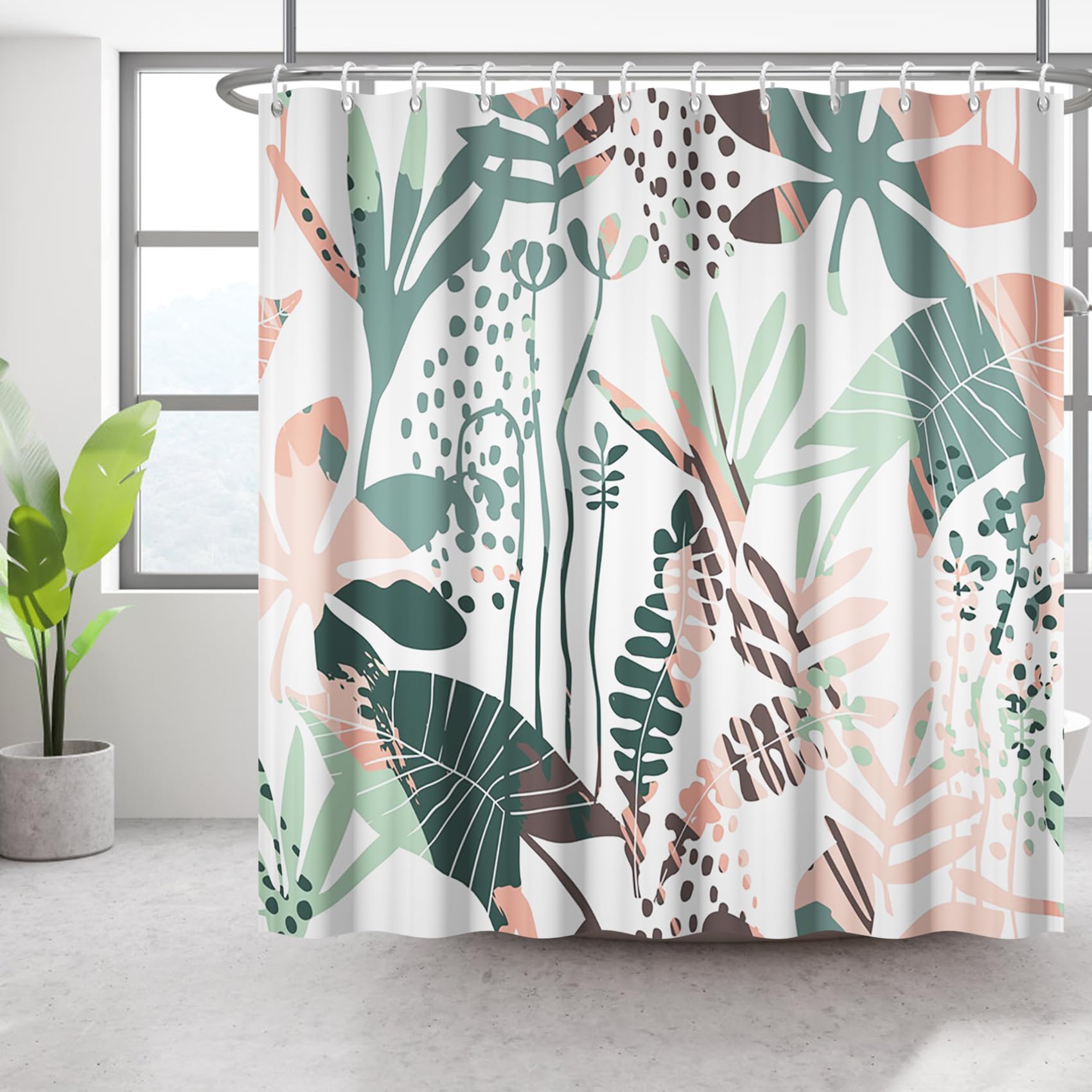 Bovlleetd 71x71inch Abstract Plant Shower Curtain Watercolor Tropical Botanical Bathroom Curtain Bohemian Bathroom Decorative Curtain Waterproof Bath Art Curtain with Hook — image 1