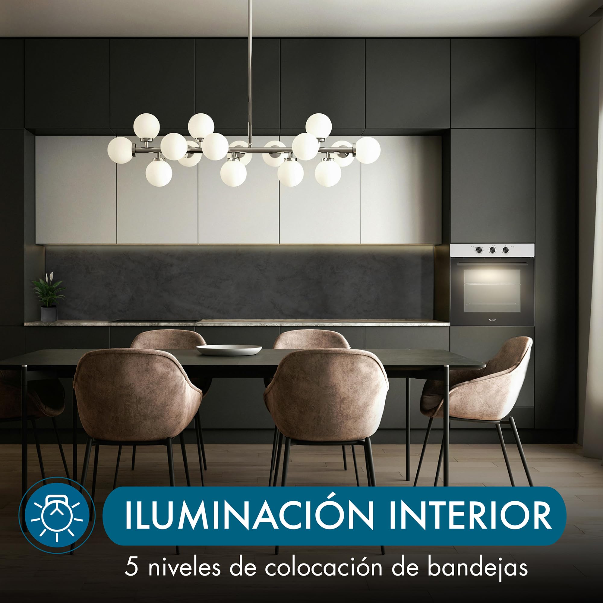 Apelson Horno Estático Multifunción AMS 5001 76L, 6 Funciones de Cocción, Puerta Fría Triple Cristal, Programador Mecánico con Paro Automático, Clase A, Acabado Inox y Cristal Negro,