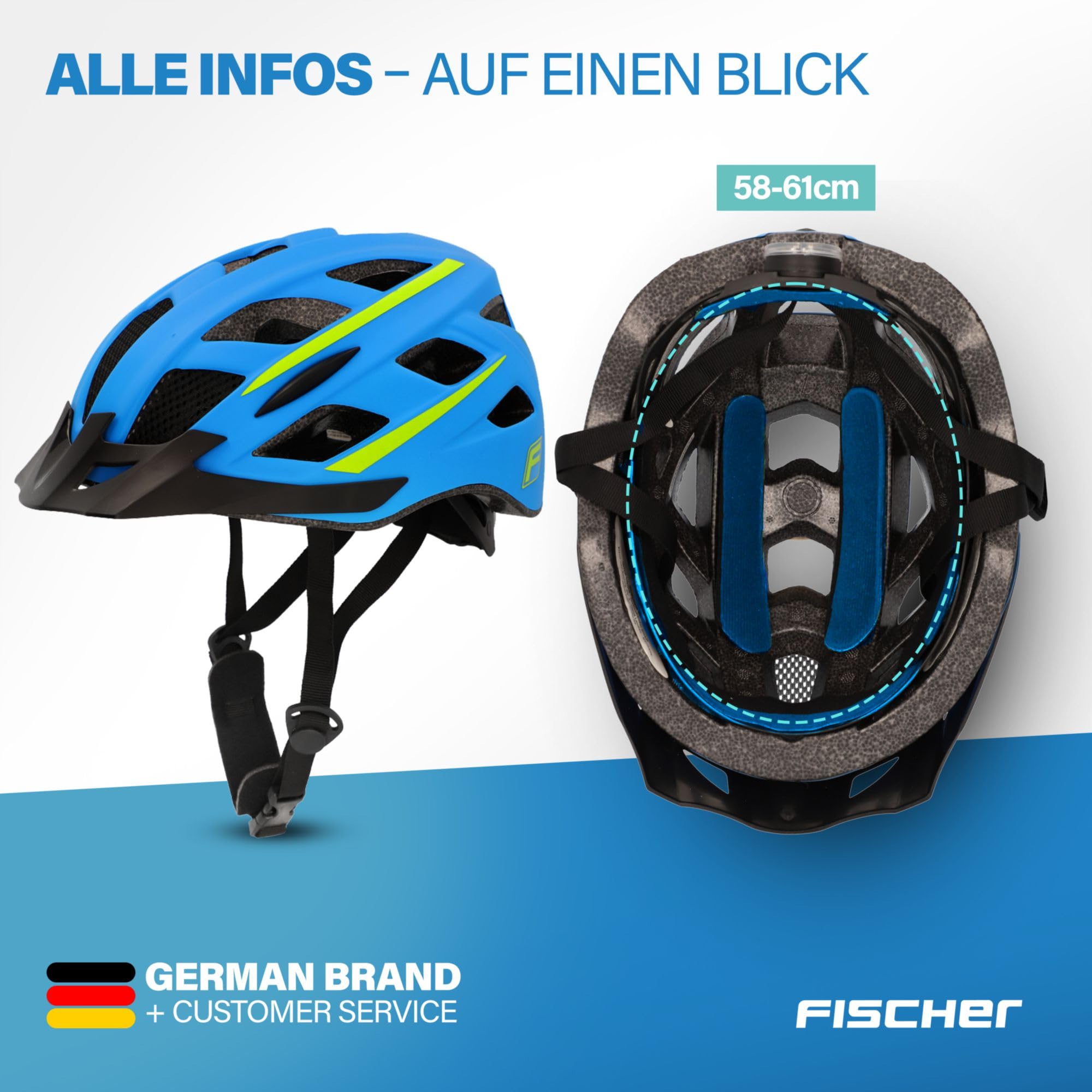 Fischer 50454 Urban - Casco da bicicletta, Con anello interno regolabile e illuminato, Certificato Ökotest, Guscio interno in EPS, Unisex - Adulti, Blu, L/XL (58-61 cm)