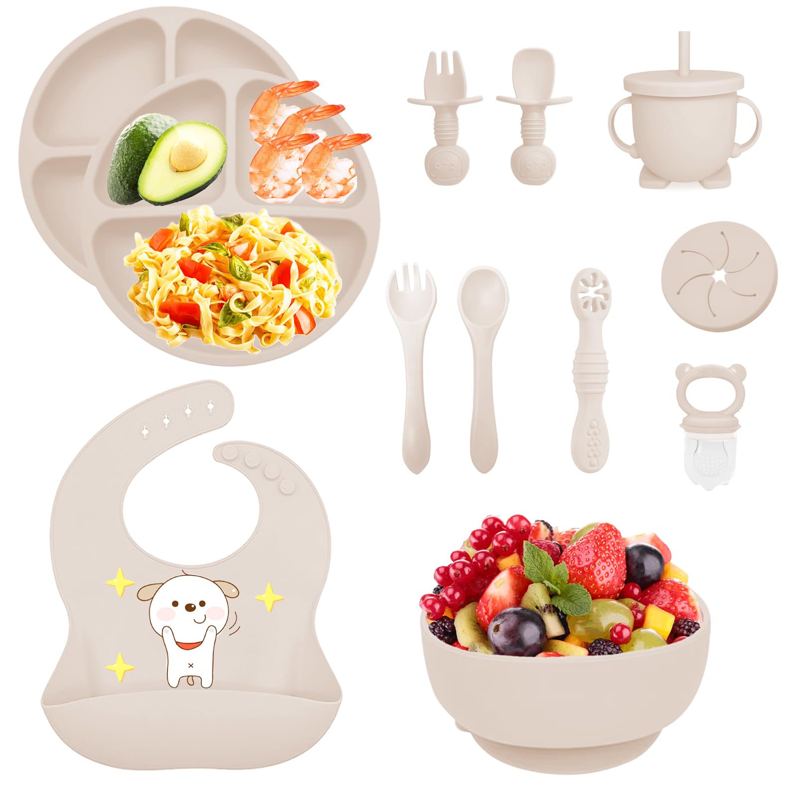 12 pièces Coffret Repas Bebe Silicone, Assiette bebe Set avec Ventouse Assiette Bol Fourche Cuillère Bavoir et Tasse, Enfant Set Couverts Vaisselle Pour Sevrage Manger (Beige)