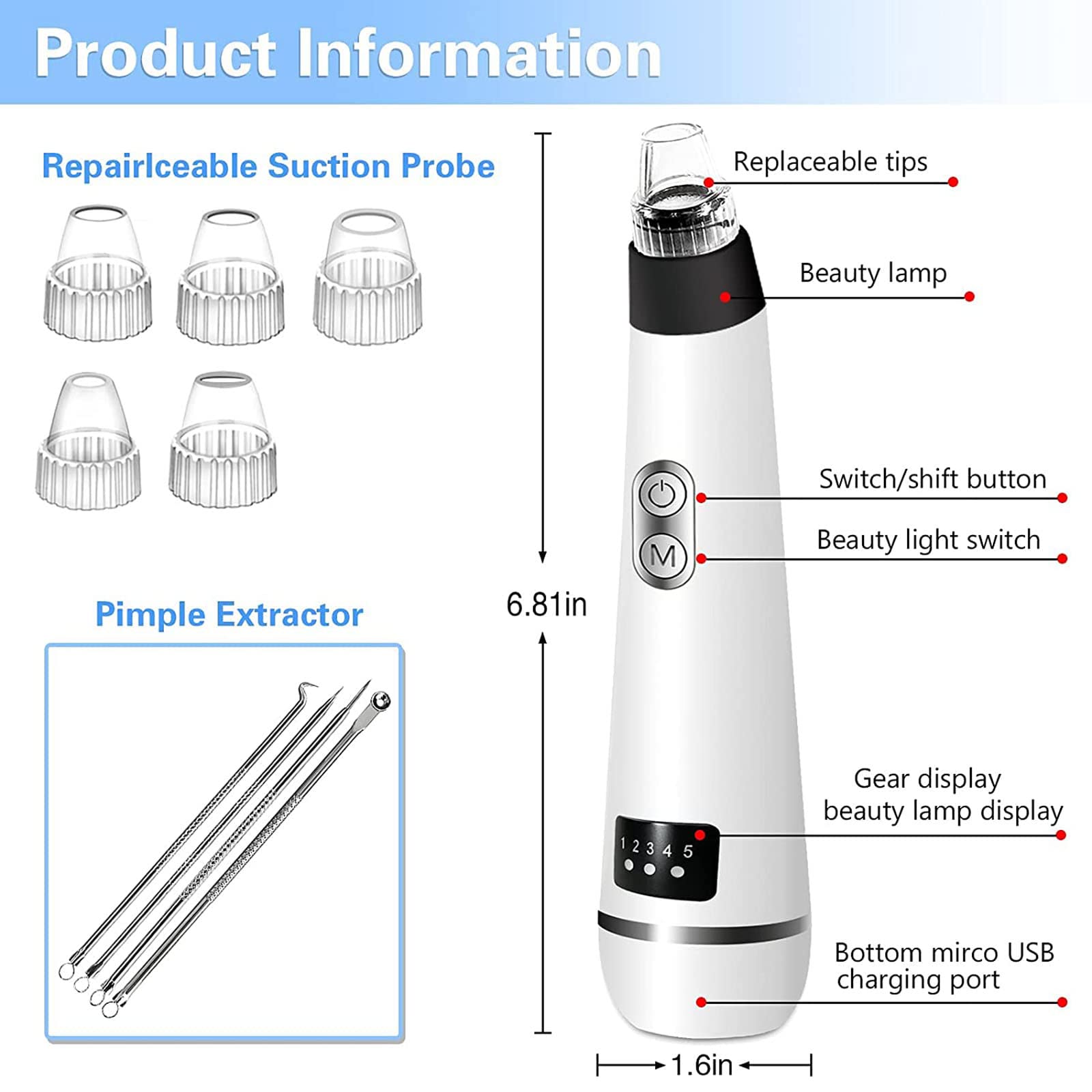 Limpiador facial de poros, limpiador eléctrico de poros, herramienta de succión de puntos negros, herramienta de extracción de puntos blancos, extractor de espinillas de limpieza facial, removedor de