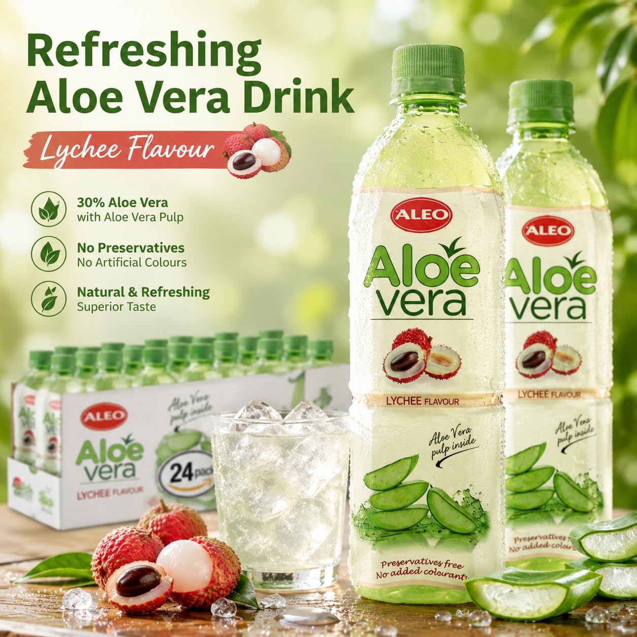 ALEO 0.5L Premium Lychee Aloe Vera Drink - Natural, No Preservatives, No Artificial Colors Superior Taste Award 2025