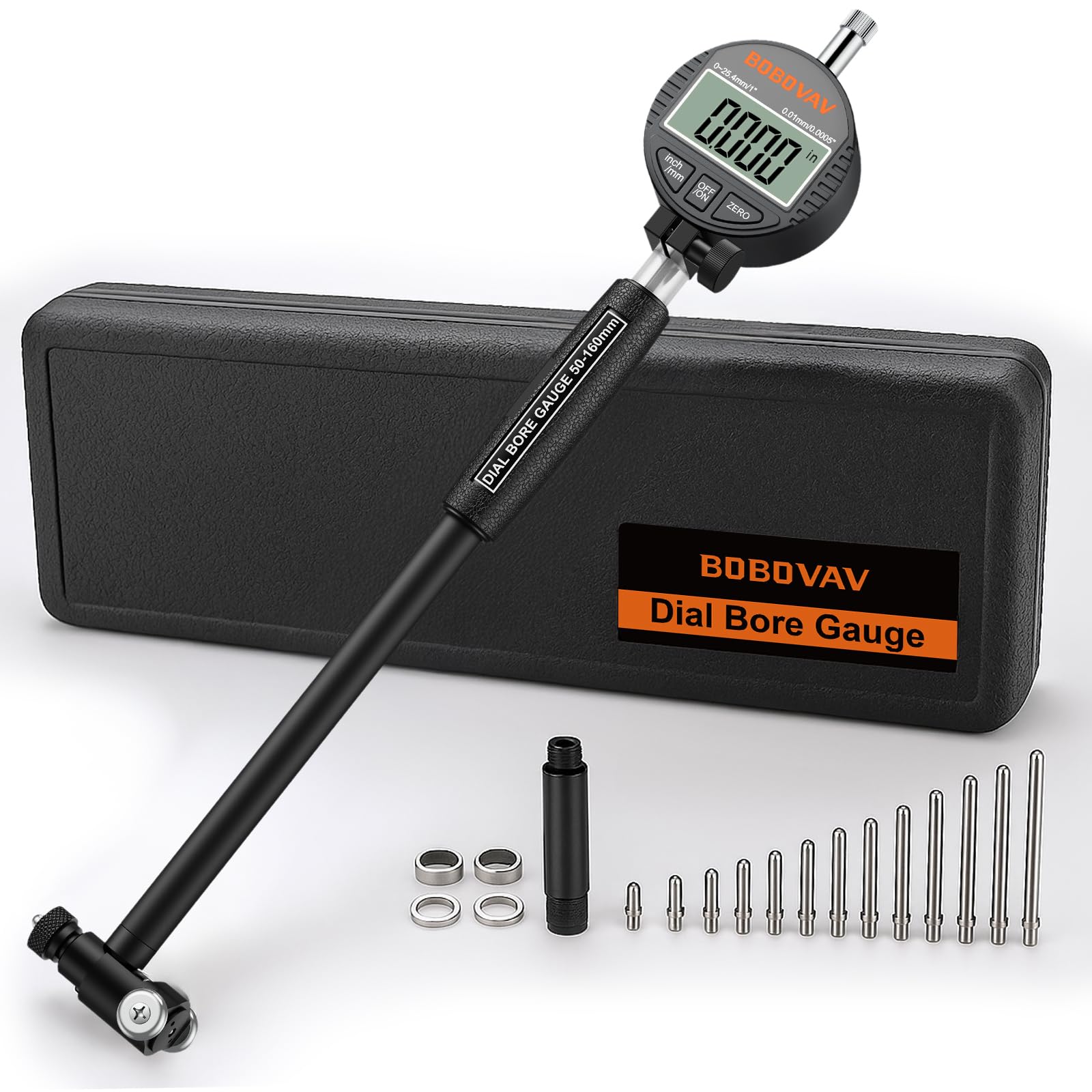Digital Bohrungslehre Messuhr Set 50-160 mm, Innendurchmesser Messuhr Präzision 0,01 mm Zylinder Messuhr Metrisch/Zoll Anzeige mit 12 Messspitzen für Formabweichungen