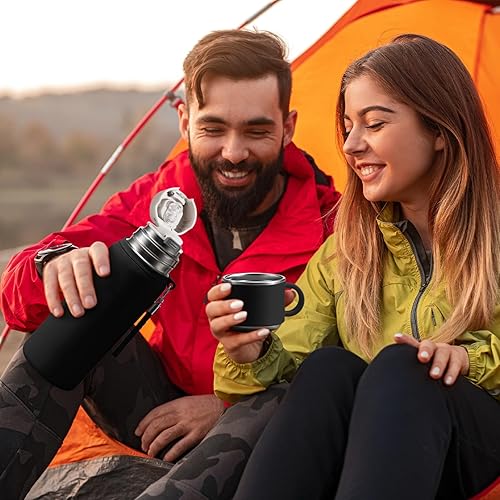Miniatura 7 de Botella térmica de vacío de acero inoxidable con popote y taza, botellas de café aisladas de doble capa para bebidas calientes y frías (negro, 21.1