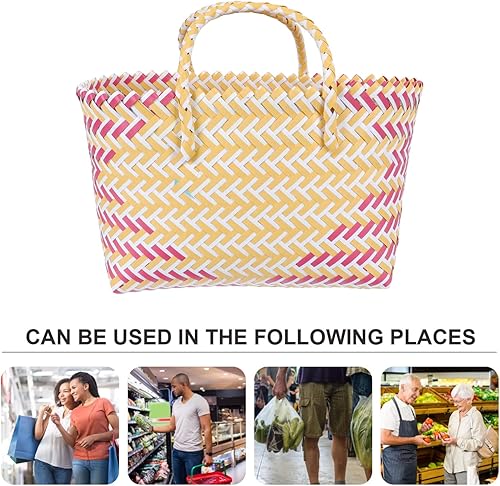 Miniatura 7 de Cabilock Cesta organizadora de tejido reutilizable, bolsa de compras de comestibles, bolsa de paja tejida con asa, cesta de compras portátil, bolsa