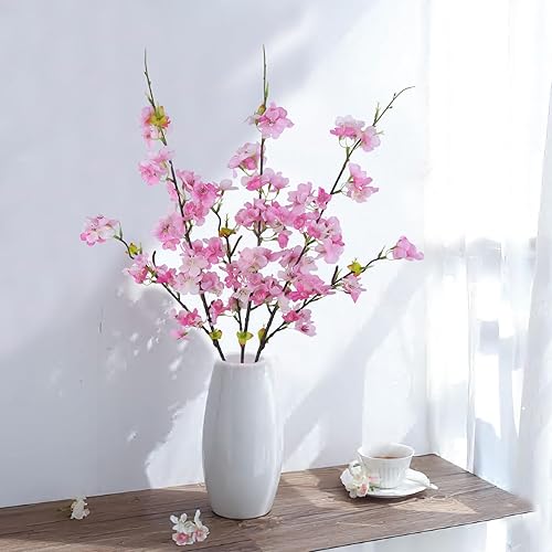 Miniatura 10 de CITYES 3 piezas de ramas artificiales de cerezo, flores de durazno de seda blanca, arreglo de ramas de primavera de imitación a granel, flores de