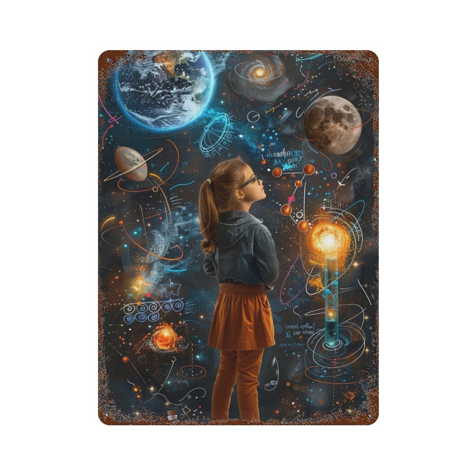 Child Exploring Space Distressed Metal Wall Sign 15.7"x11.8", Shabby Chic Decor for Garage, Pub Or Kitchen