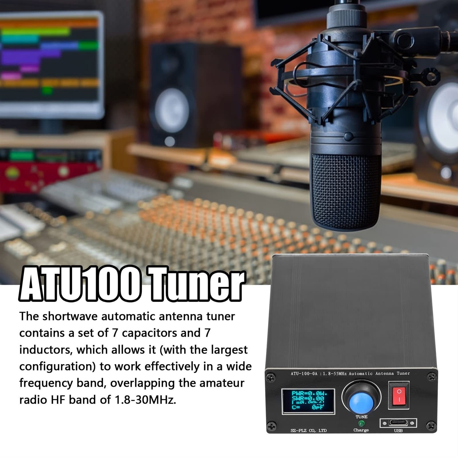 Générateur de signaux de Courant 1.8-55MHz Mini accordeur d'antenne Automatique 0.91 Pouces OLED Affichage boîtier en Alliage d'aluminium avec Batterie 1800MAh