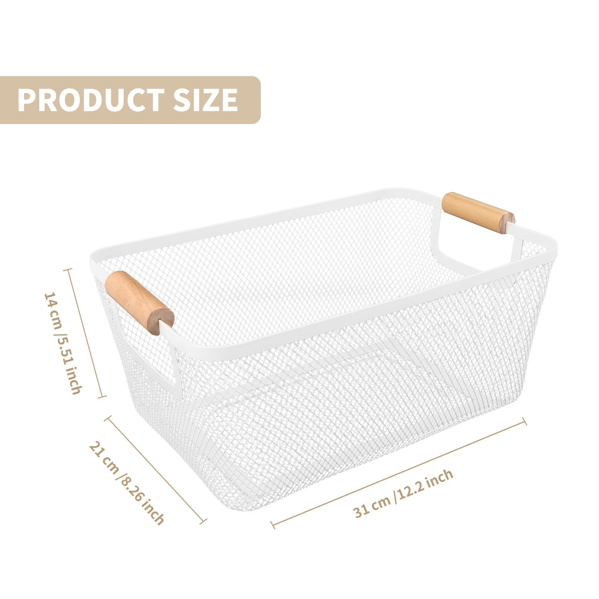 Paquete de 2 cestas de acero de malla metálica con mango de bambú, cesta de alambre de metal para organización de cocina, contenedor organizador de alimentos de 12 pulgadas de ancho, perfecto para