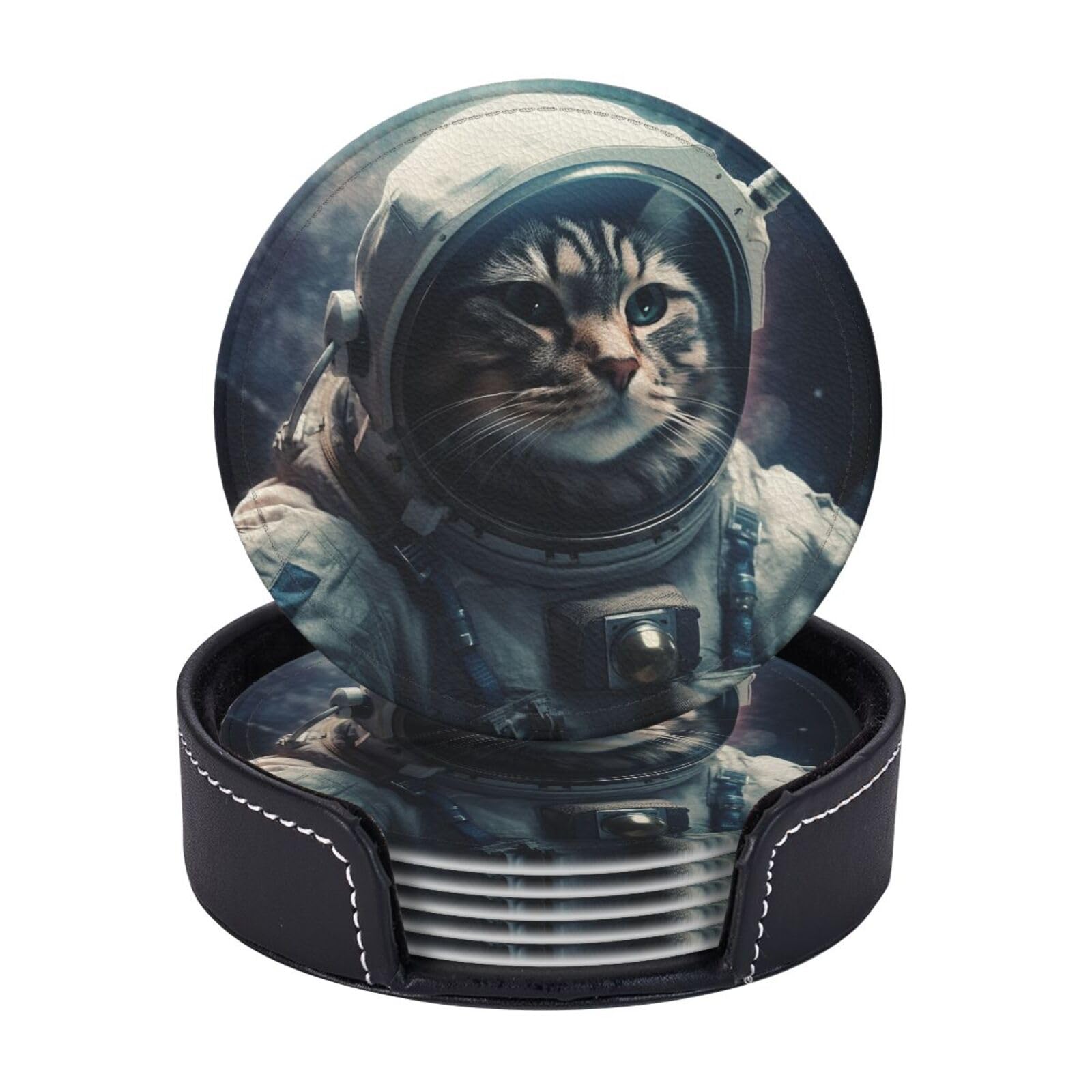 Round Coasters for Drinks Set of 6 - PU Leather Coasters with Holder - Modern Drink Coasters for Coffee Table - Astronaut cat in Space Coaster for Tabletop Protection 4" Cup Mat Pad