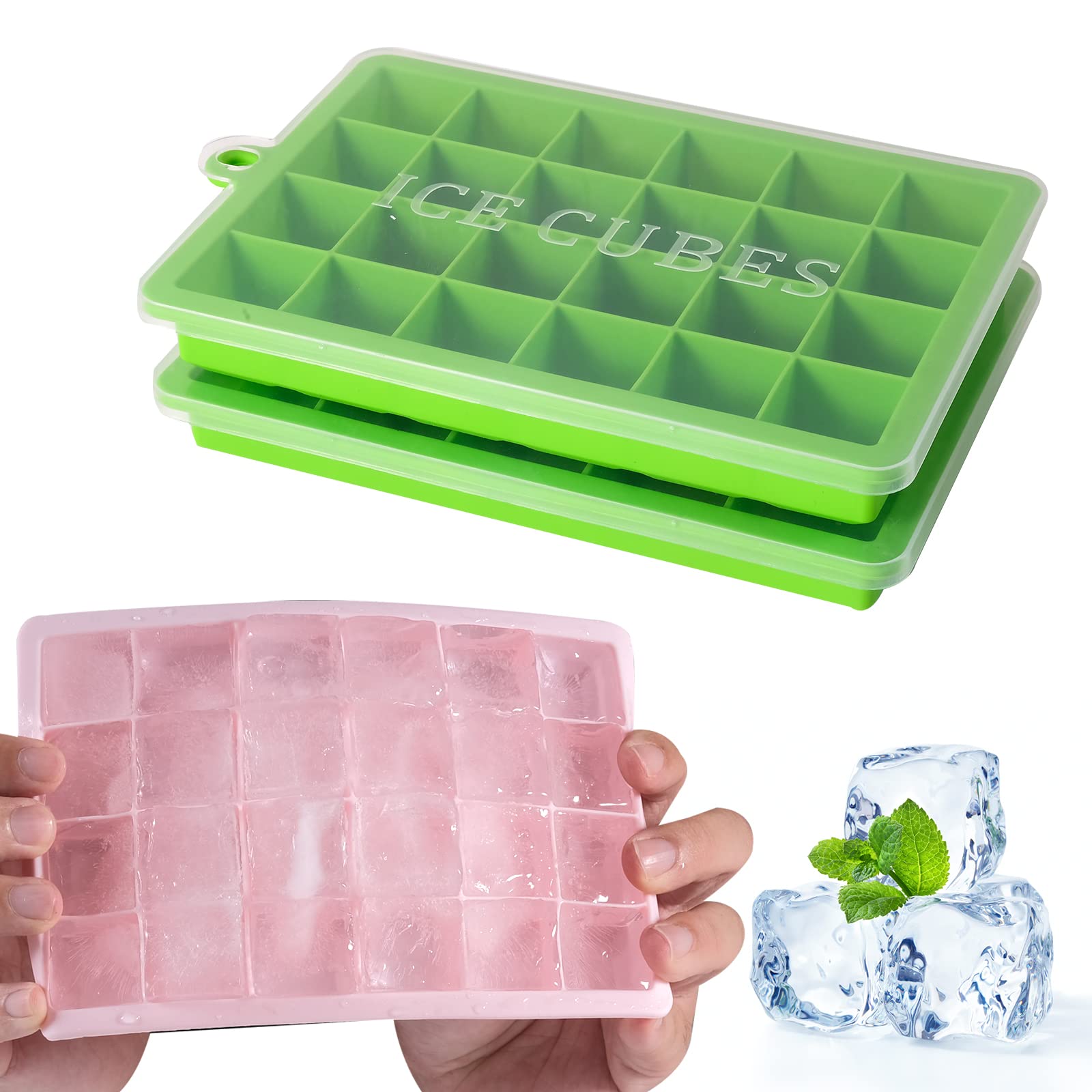Ice Cube Trays, 2 Pack Silicone Ice Cube Molds Super Easy Release with Lid, 24Pcs 1"Cubes Per Mold, Food Grade Silicone BPA Free, Stackable Ice Trays for Whiskey, Baby Food, Chocolate, Dishwasher Safe
