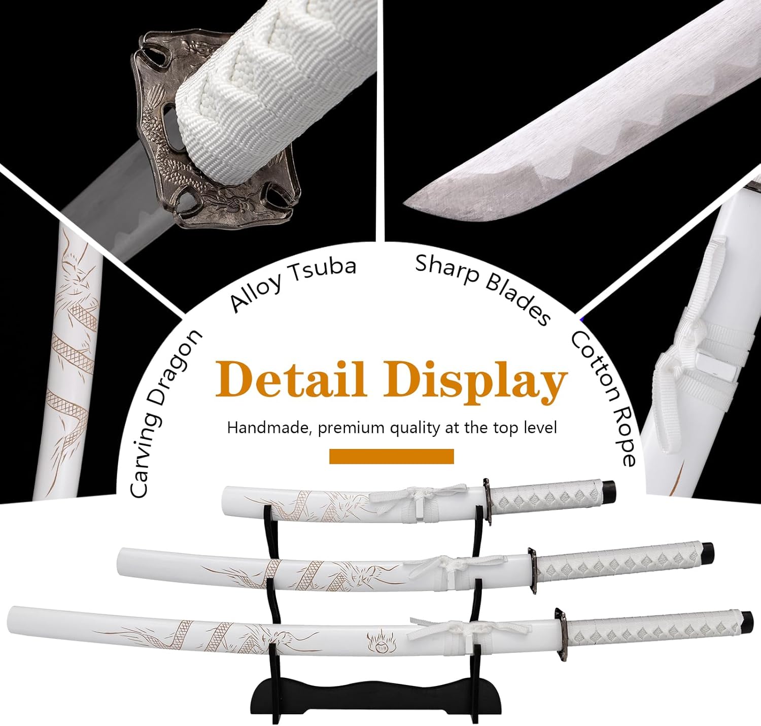 3-Piece Set Katana Full Tang 1065 High Carbon Steel Blade Japanese Samurai Sword Real,Iaido Samurai Sword Display Decoration Gift