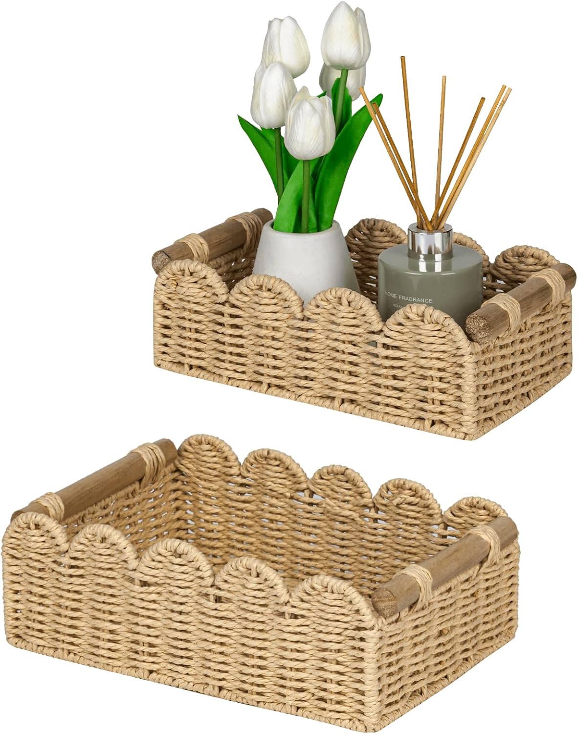 CubesLand Toilet Paper Storage Organizer Basket, Scalloped Decorative Baskets for Over Toilet Shelves, Wicker Small Basket Perfect for Home Countertop Storage & Decor, Living Room Shelf Decor, Beige