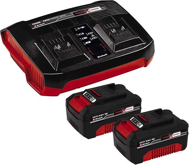 Einhell Power X-Change 18V, 4.0Ah Lithium-Ion Battery Twin Charger Starter Kit -- 2 x 4.0Ah Batteries and Twincharger Set -- Universally Compatible With All PXC Power Tools And Garden Machines