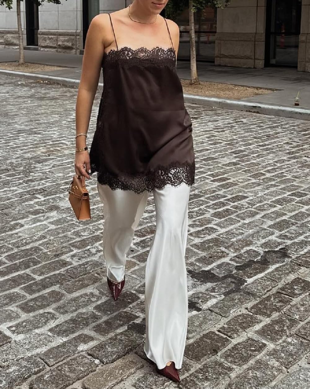 Women Satin Lace Trim Cami Top Elegant Square Neck Spaghetti Strap Tank Tops Silky Side Slit Flowy Camisole - Image 4