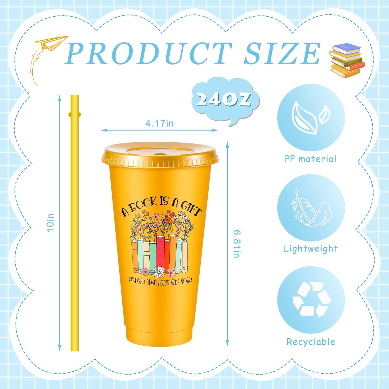 Chuangdi 12 Pcs Book Lovers Gifts 24 oz Reusable Plastic Tumbler with Lids and Straw Book Club Bookworms Gifts for Reader Librarian Office Coworkers (Multicolor) - Image 2