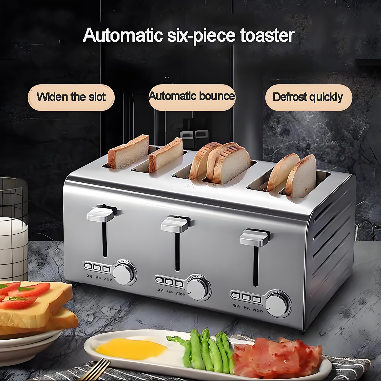 Grille-pain commercial à 2/4/6 tranches en acier inoxydable avec 7 niveaux de brunissement, fonction congelée/annulation/réchauffement, pop-up automatique et bac ramasse-miettes amovible pour la