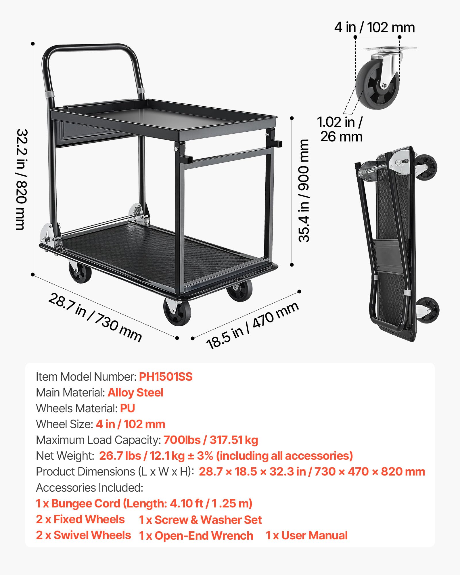 VEVOR Carrello Pieghevole 2 Ripiani per Trasporto Pacchi Merci per Magazzino Carico max. 317,51 kg, Carrello con Piattaforma con Ruote a Pianale da 2 Ripiani, per Garage, Officina, Logistica