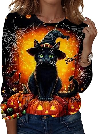 Halloween Shirts for Women Long Sleeve Plus Size Fashion Crewneck Comfortable Tshirts Halloween Costumes for Women