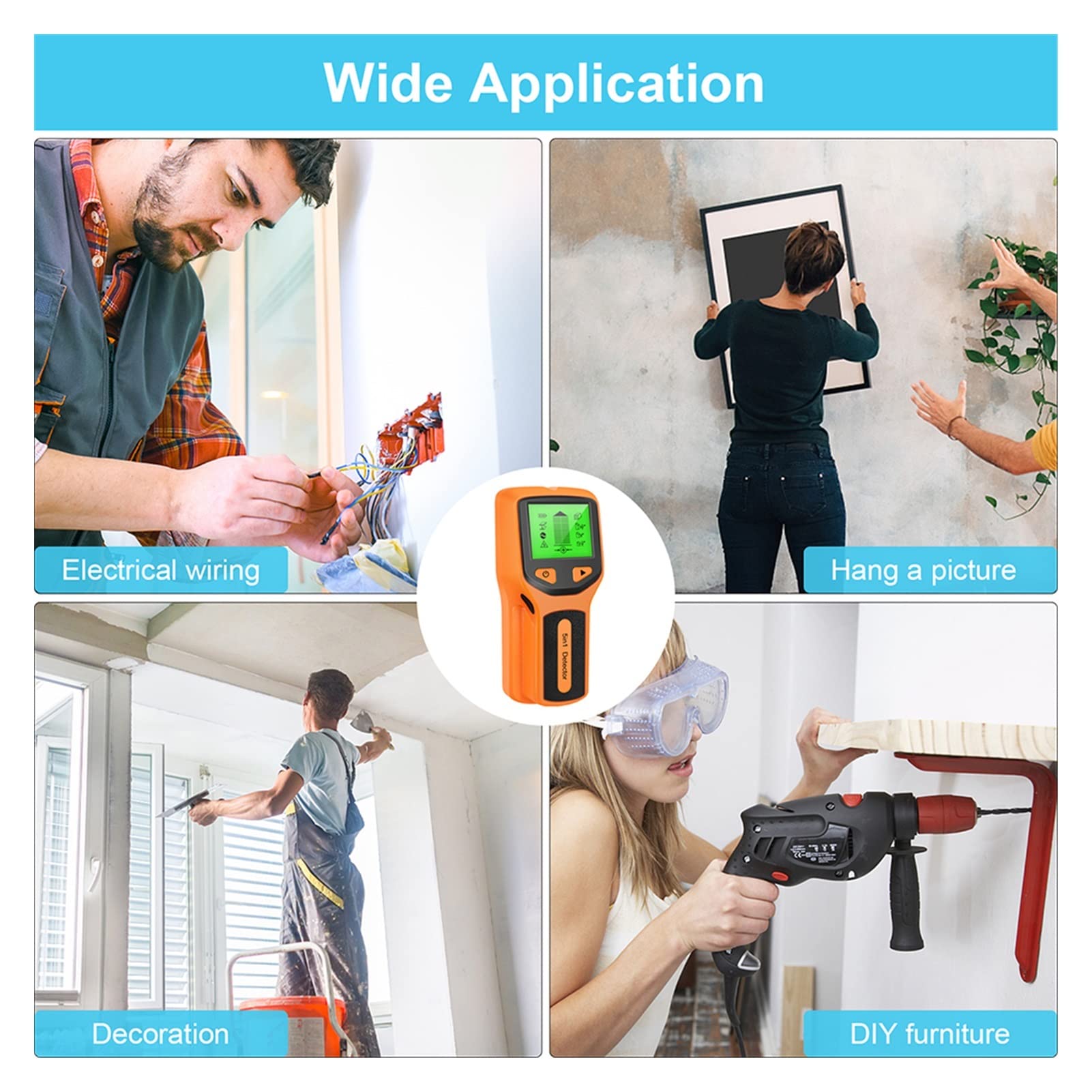 Wykrywacz Metalu, 5 w 1 metali detektor Znajdź metalowe drewniane kołki AC. Napięcie na żywo Wykrywanie ścienne Skaner elektryczny Box Finder Wall Stud Detector(Yellow)