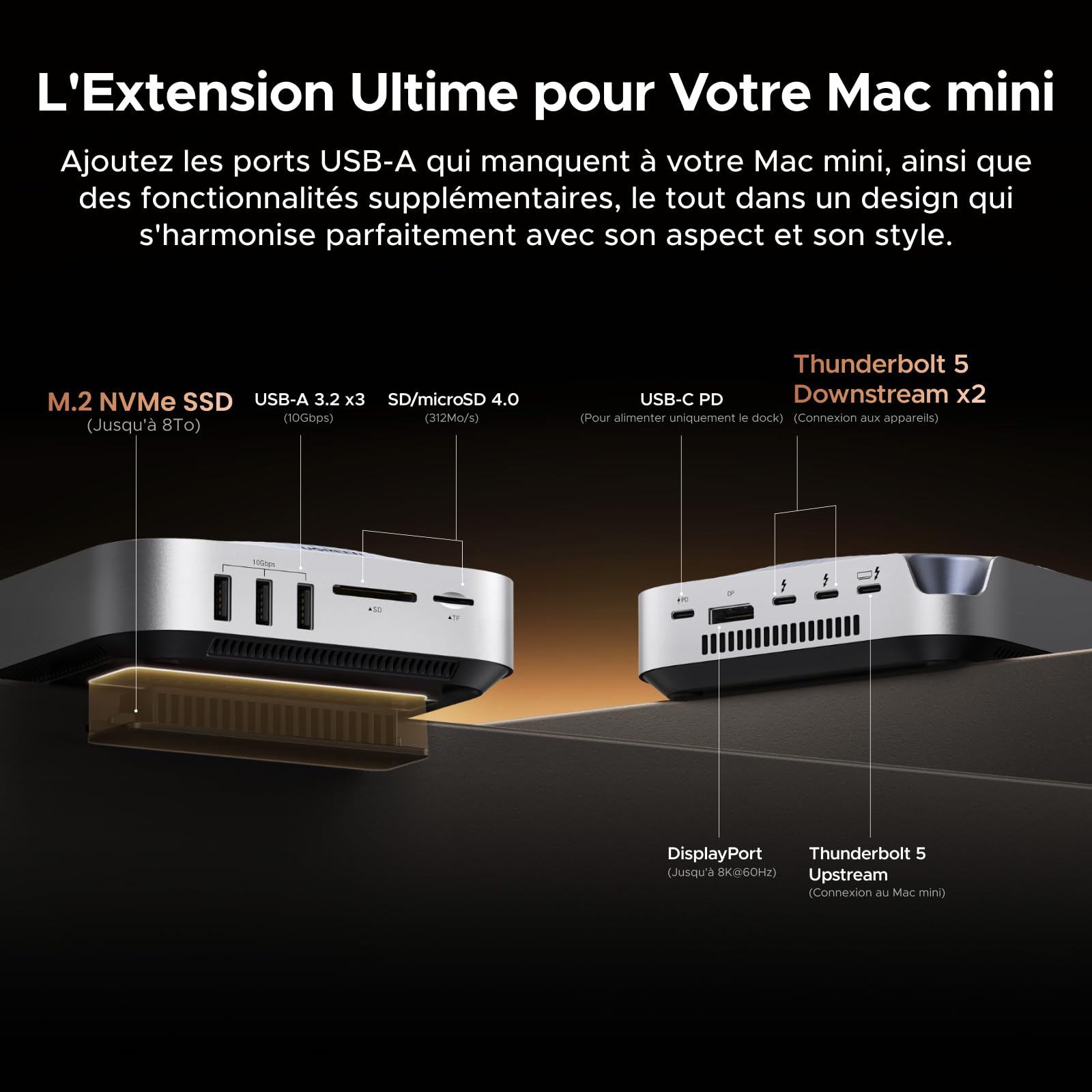 UGREEN Maxidok Thunderbolt 5 Docking Station Revodok Double Écran Extension | 10 en 1, 2 TBT5, 1 DisplayPort, Double 6K60Hz, Unique 8K60Hz, 120Gbps, SD TF 4.0, Boîtier M.2 SSD, pour Mac Mini M4 Pro M4