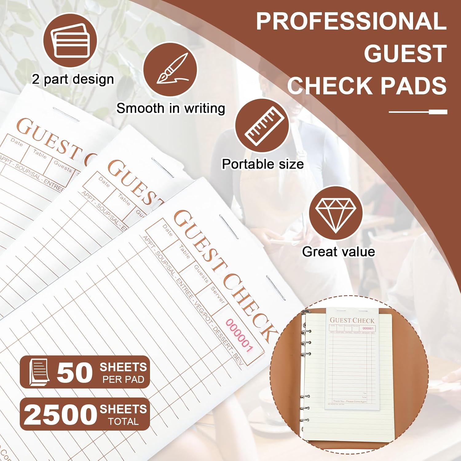 Seajan 50 Pack Guest Check Pads Server Note Pads 3.5 x 6.7 Inch Guest Check Book for Servers 2 Part Carbonless Waiter Notepad Food Order Tickets for Bar Cafe Restaurant, 2500 Total Tickets (Coffee)