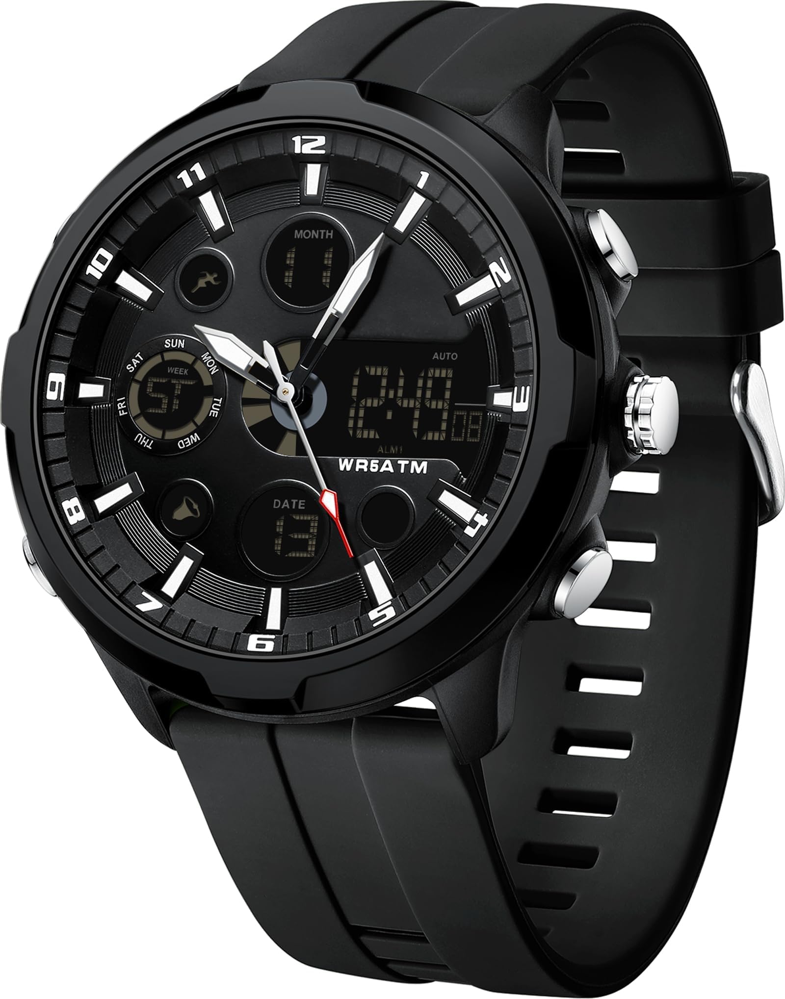 findtime Orologio sportivo da uomo, doppio fuso orario, analogico, digitale, militare, impermeabile, tattico, casual, 50 mm, con sveglia luminosa a LED, snooze, cronometro, lunetta in lega