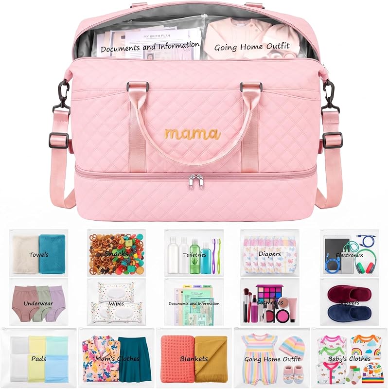 Hosuly Mama Hospital Bag Essentials for Women Labor Delivery with 15 Waterproof Pouch Travel Duffle Bag with Shoe Compartment for Pregnancy Diaper Weekender Overnight Gym Gifts(Pink)