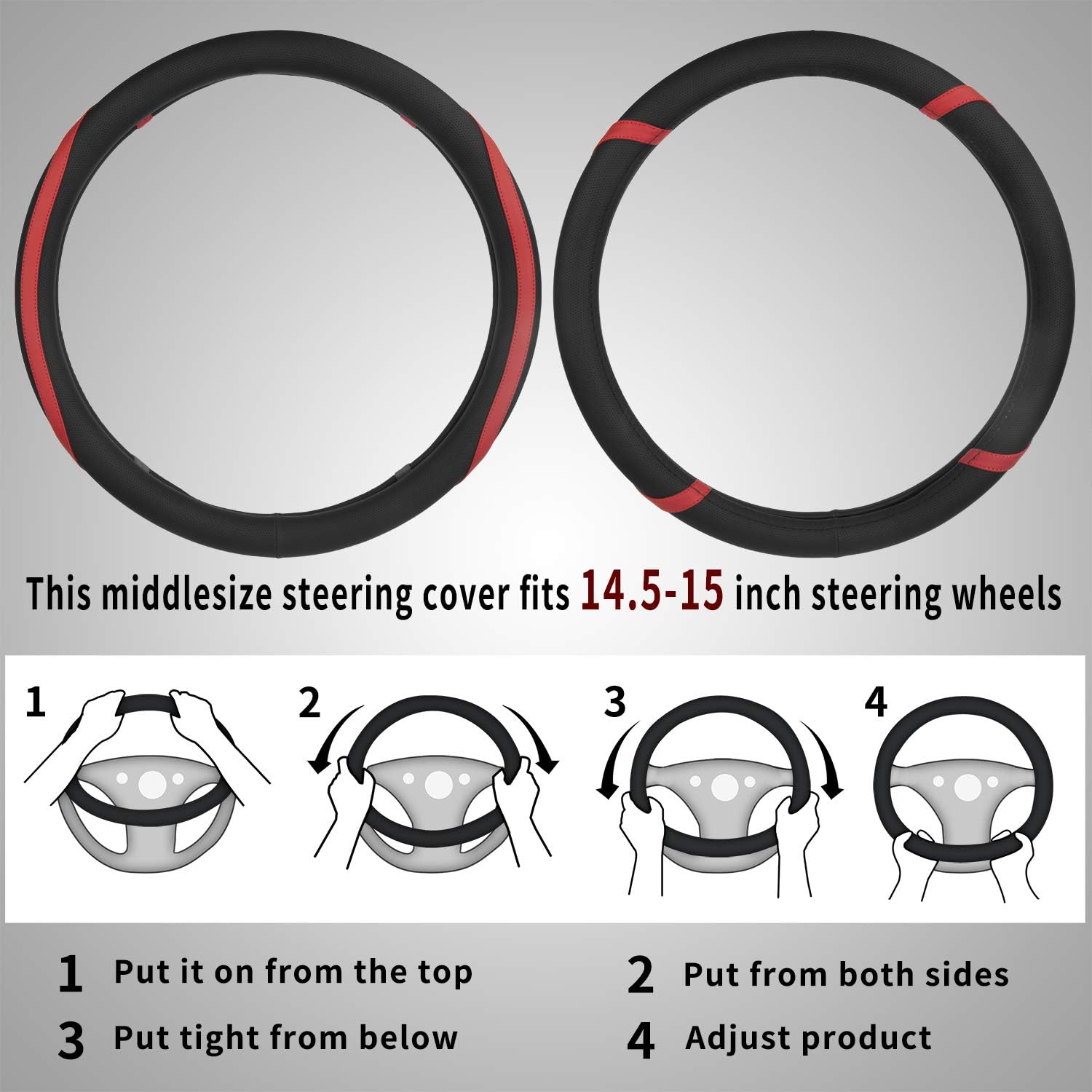 Achiou Leathe Steering Wheel Cover with Red Lines, Universal Steering Wheel Wrap Suitable for 14.5-15.25 Inch, Soft Comfortable and Breathable Car Accessories
