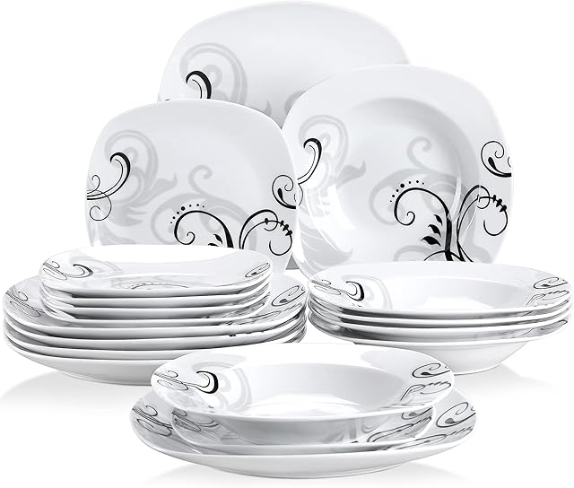 VEWEET 'Zoey' 18-Piece Dinner Set Ivory White Tableware Set Black Decals Porcelain Plates Set of 9.75" Dinner Plate, 7.5" Dessert Plate, 8.5" Soup Plate for 6