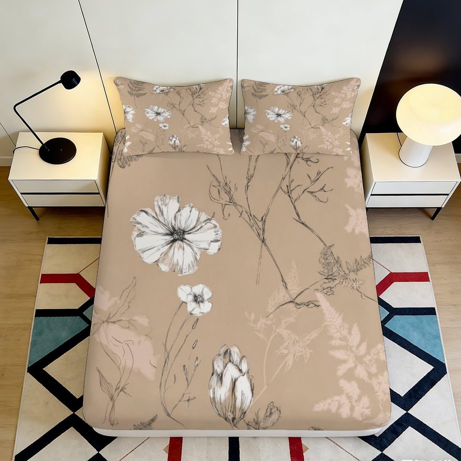 3D Printed Beige Floral Fitted Sheet Microfiber Soft Breathable Botanical Mattress Cover for Bedroom Dormitory Guest Room Protection Decor 160x200x25cm