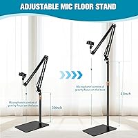 Vista 6 de BILIONE Soporte de micrófono con base ponderada, soporte de micrófono de piso con brazo de boom y bandeja de accesorios para micrófono, soporte
