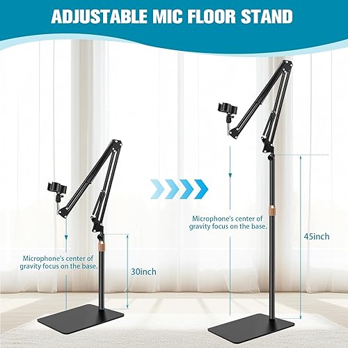 Miniatura 6 de BILIONE Soporte de micrófono con base pesada, brazo de brazo de brazo de soporte de micrófono con bandeja para accesorios de micrófono, soporte de