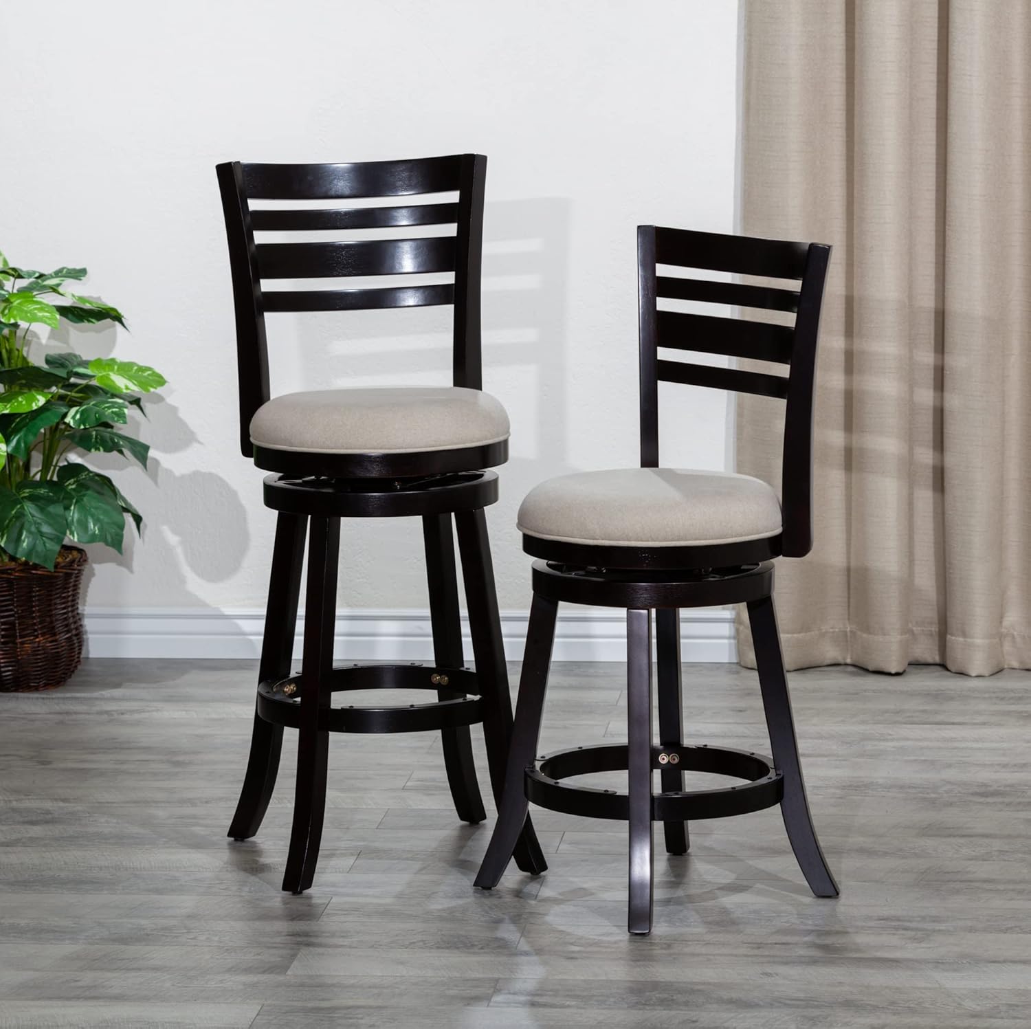 DTY Indoor Living Granby Counter Height Bar Stools - 24 Inch Swivel Bar Stools with Backs - Espresso Finish and Beige Fabric Seat - Solid Wood Frame with Slat Back Design