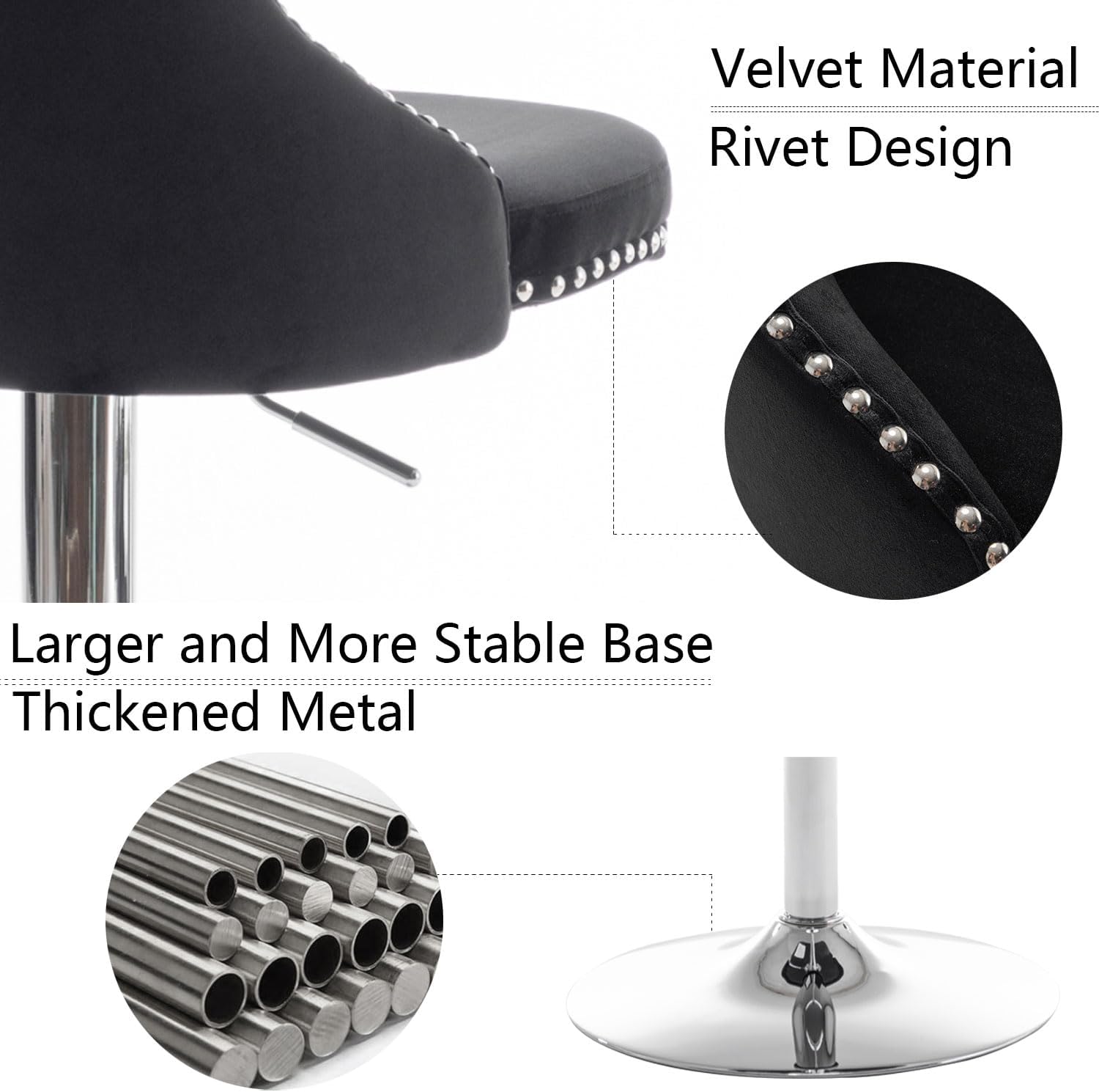 Cinxzar Velvet Bar Stools Set of 2, Swivel Counter Height Bar Stools with Nailheads Trim, Adjustable Barstools for Kitchen Island, Pub, Club (Black)