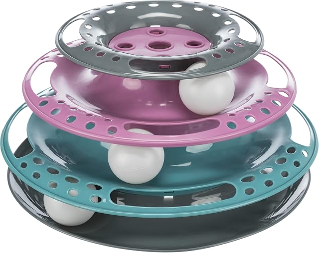 TRIXIE Catch the Balls – jouet pour chat à trois niveaux avec une balle par niveau – stimule le comportement de chasse & la stimulation mentale – plastique facile à nettoyer, ø 25 × 13 cm