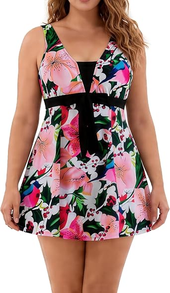 Wantdo Women's Plus Size One Piece Swimsuit Tummy Control Push Up Swimdress | High Waist V Neck Swim Dress for Women, Built-in Shorts Sizes 12 to 28 Plus Swimwear with Skirt, Removable soft cups