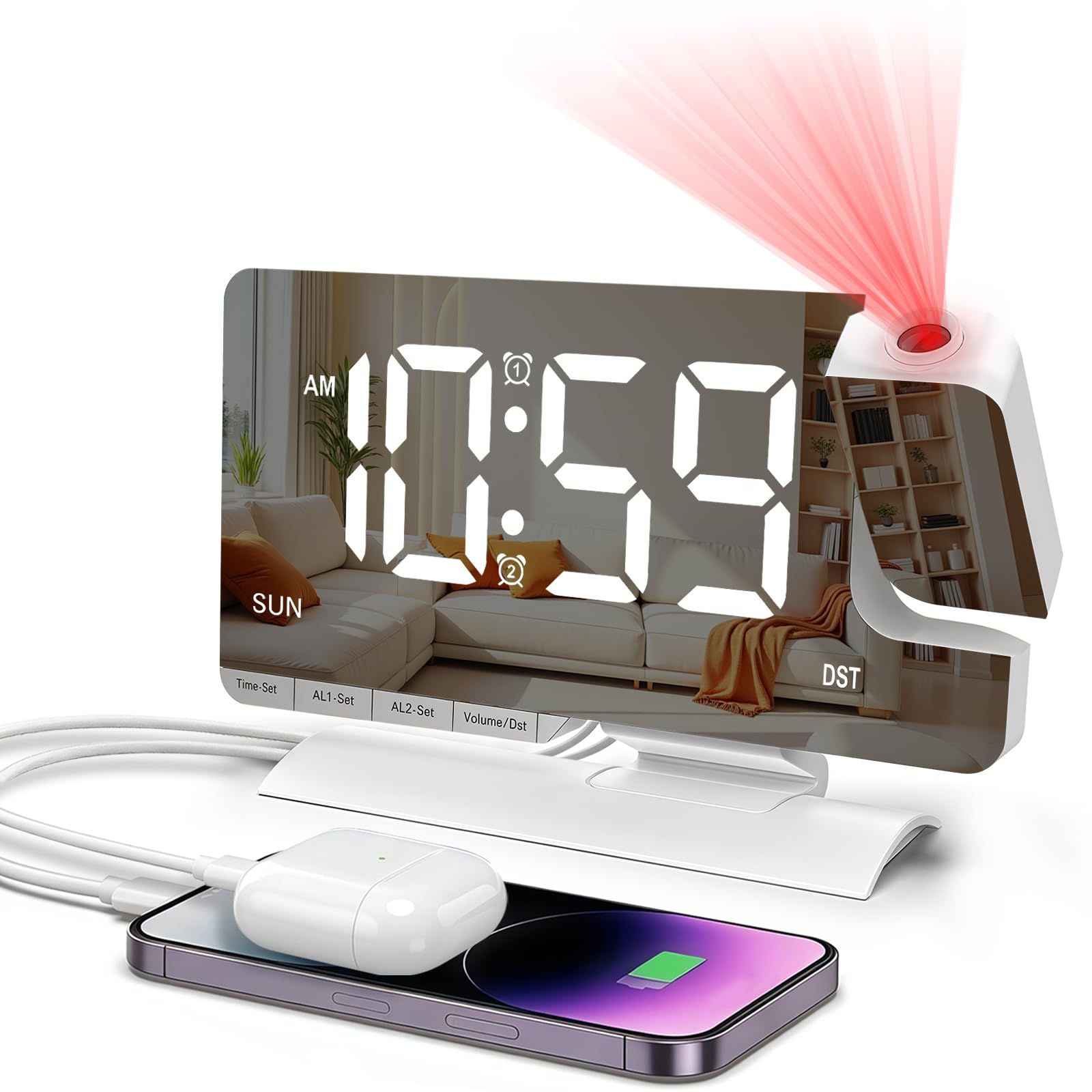 GAESHOW Sveglia con Proiettore Soffitto con Schermo a Specchio da 7,5 Pollici e 6 Livelli di Luminosità, Sveglia da Comodino Rotante 180°, Doppio Allarme, Snooze, Porte USB/Type-C, 5 Livelli di Volume