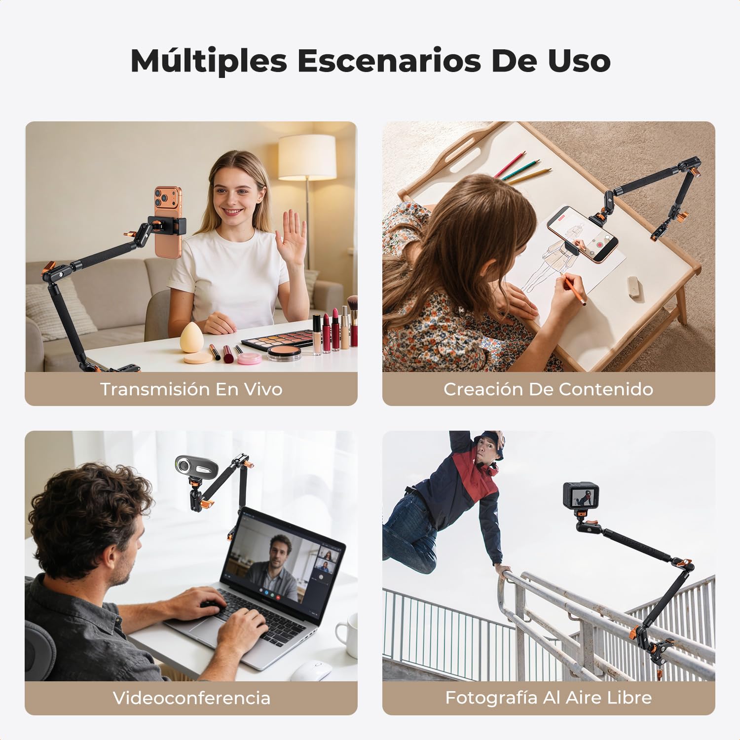 K&F CONCEPT Kit de Brazo Mágico 22" con Pinza, Soporte de Cámara Articulado para Teléfono, Cámara de Acción, Luz LED, Micrófono