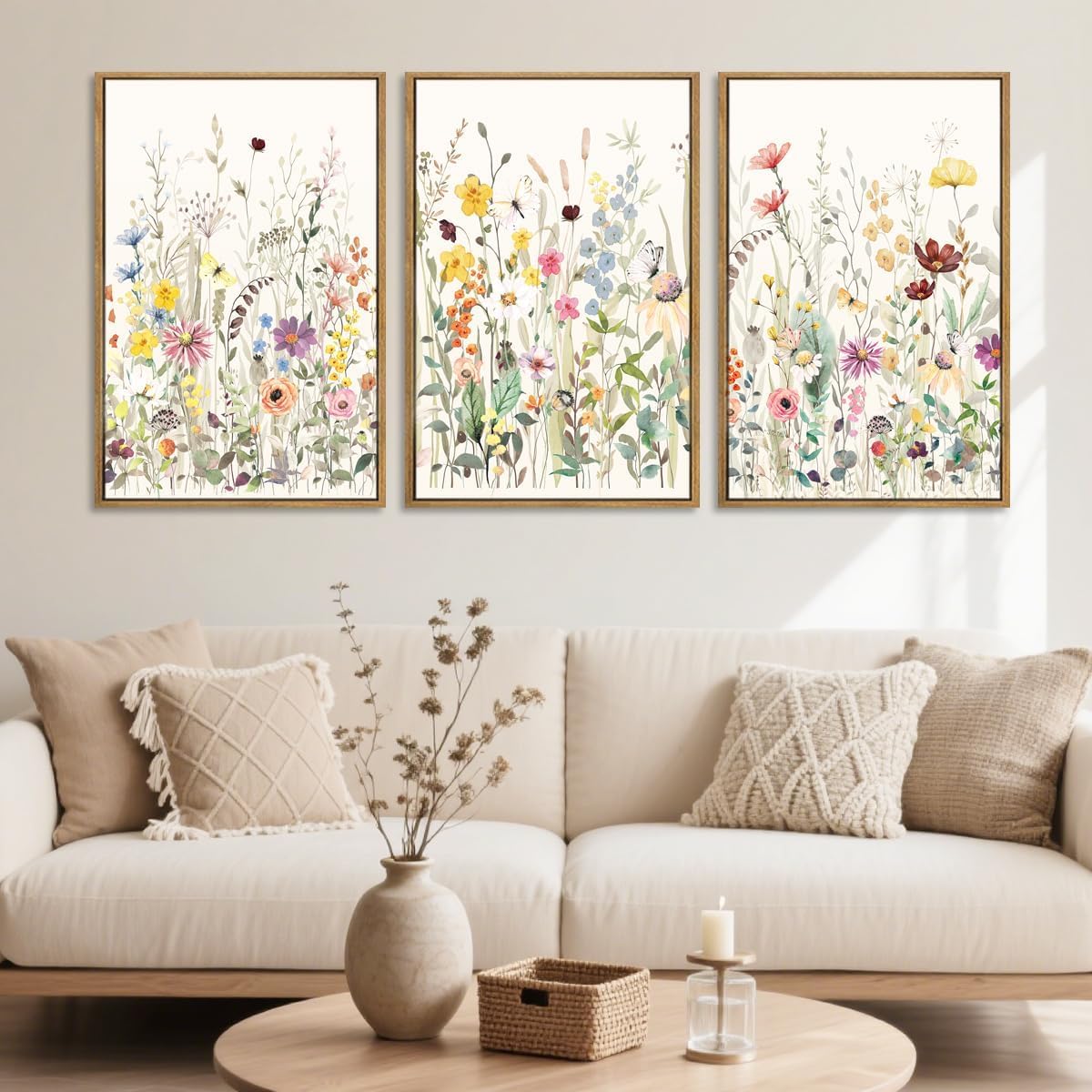 BINCUE Groß Blumen Leinwand Wandkunst, Aquarell Wildblumen Bilder mit Rahmen, 40x60cm x3