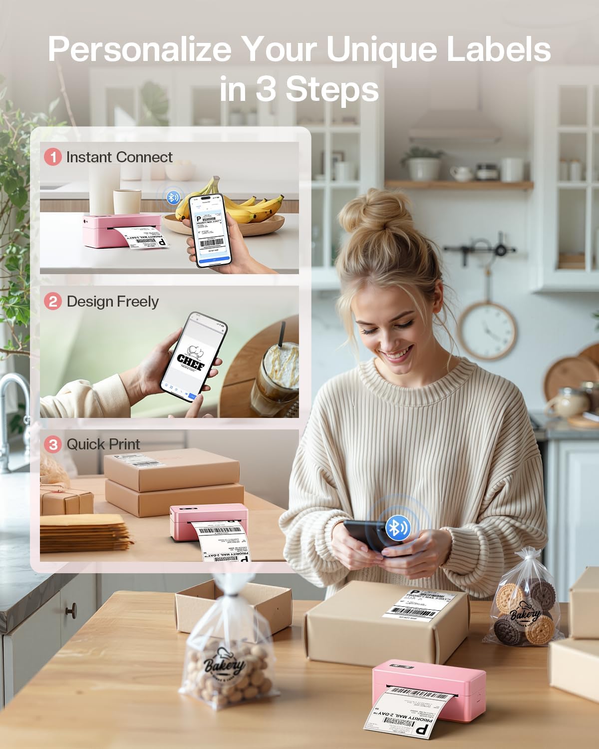 Bluetooth Thermal Shipping Label Printer, 2410BT 4x6 Label Printer for Small Business, Pink Label Printers Compatible with iPhone/Android & PC, Widely Used for Ebay, USPS, FedEx, Tiktok - Image 8