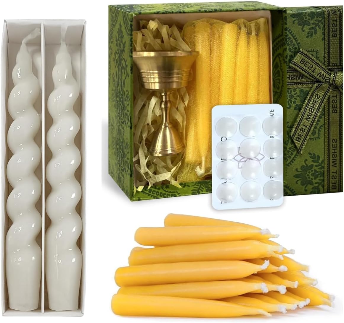 2PCS White Spiral Taper Candles Stick50Pcs Beeswax Mini Taper Candle Meditation Candles with Brass Candle Holder for Prayer Chime Spell Rituals Yoga Altar Witchcraft Tools