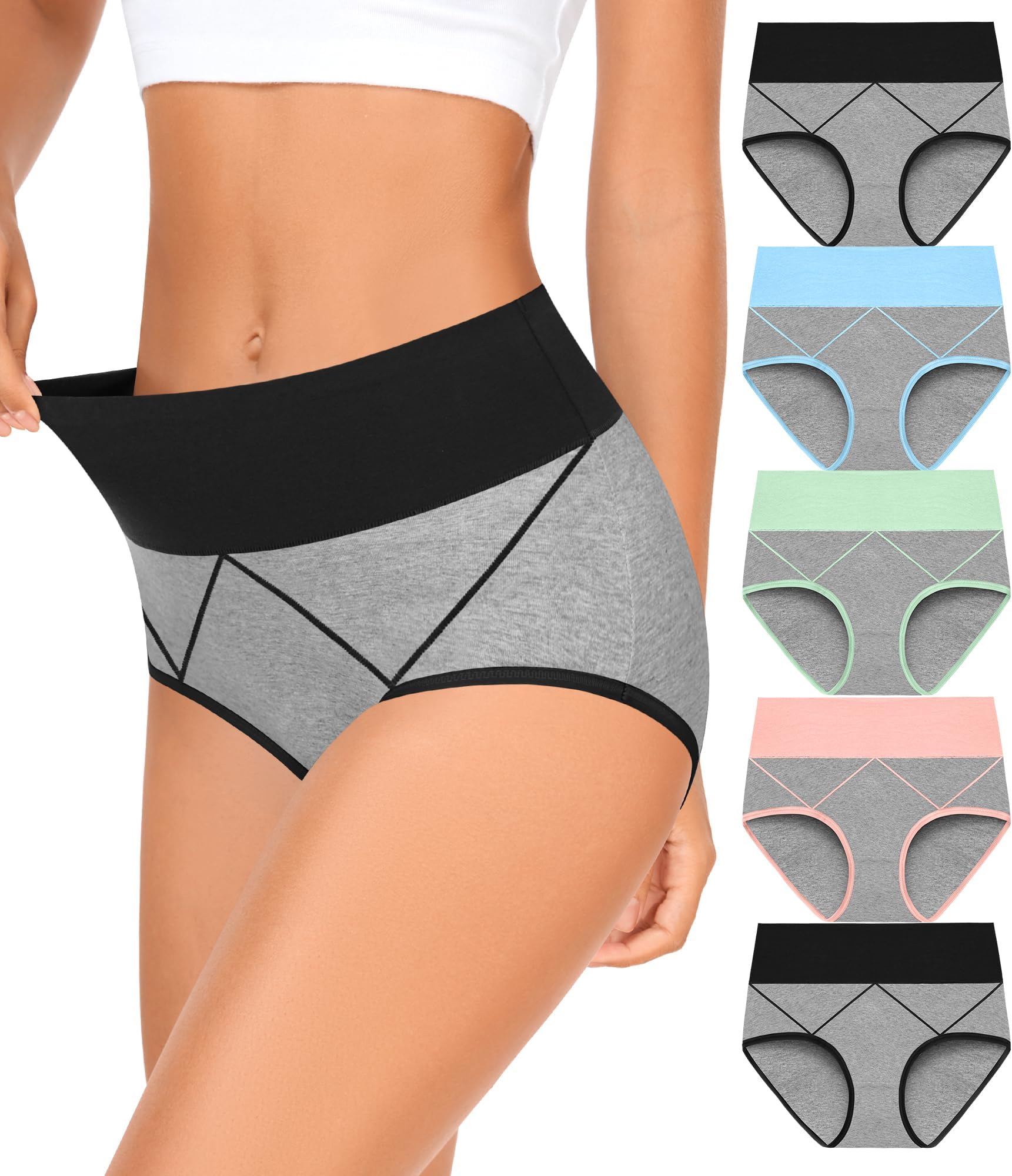 Womens High Waisted Cotton Underwear Full Coverage Soft Double-Layer Waistedband Panties (Regular & Plus Size)