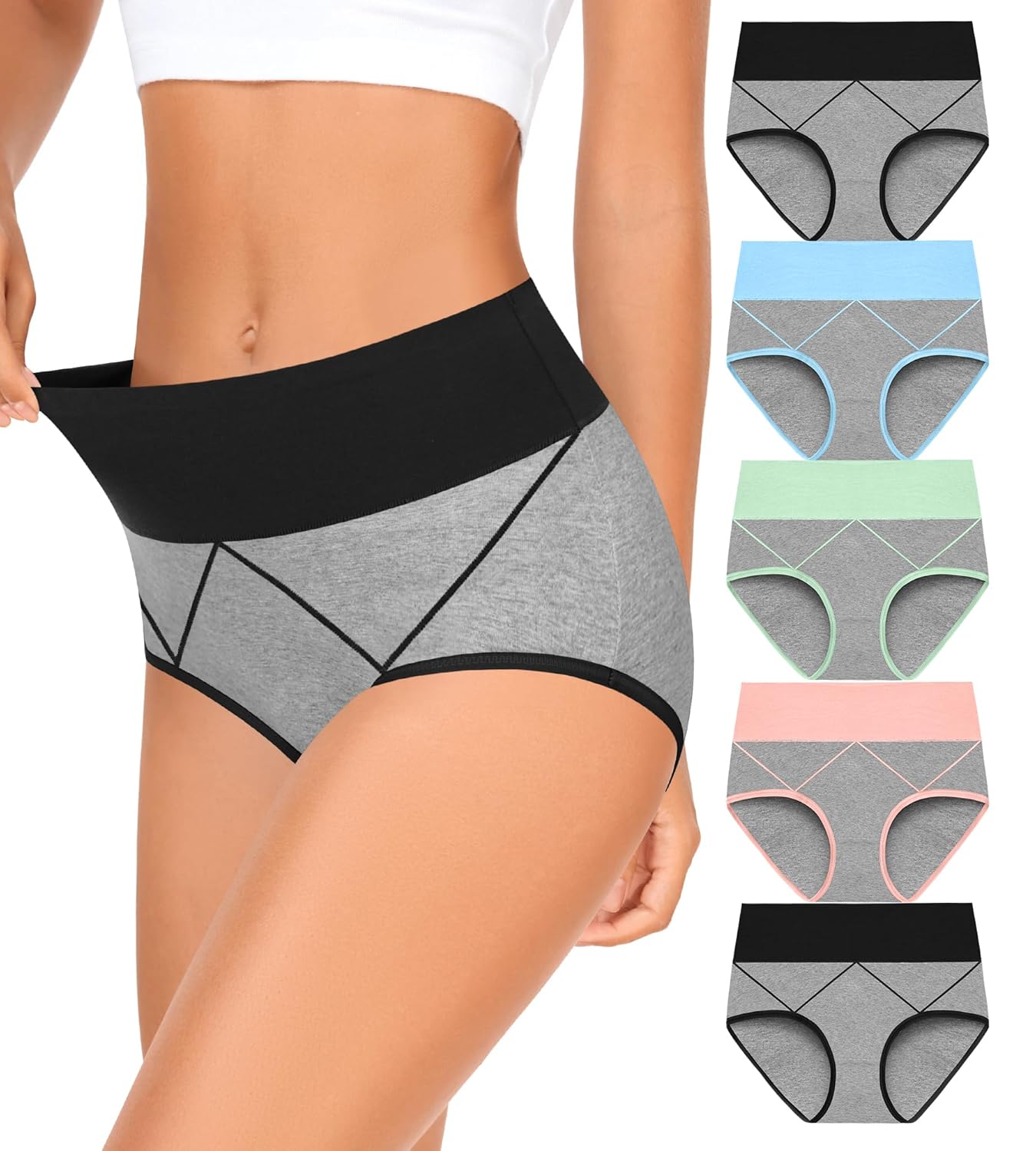 MISSWHO Womens High Waisted Cotton Underwear Full Coverage Soft Double-Layer Waistedband Panties Regular Plus Size