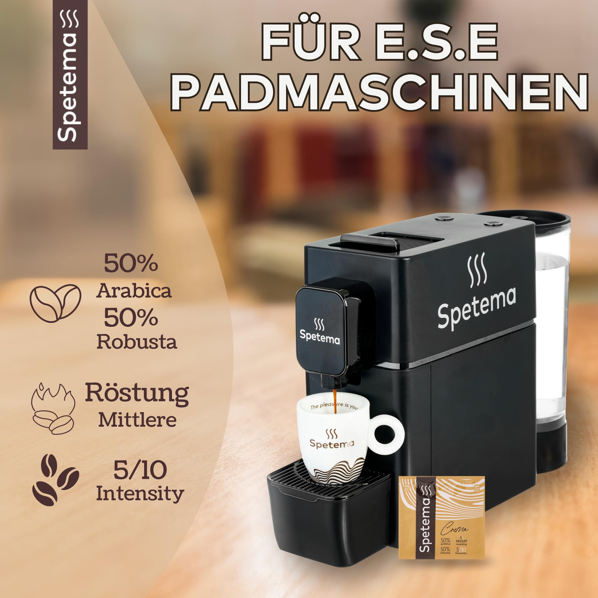 Spetema E.S.E Kaffeepads ESPRESSO CREMA, 144 Pads, Intensität 5/10 | Mittlere Röstung, 50% Arabica & 50% Robusta, 144 E.S.E Coffee Pods für Pad-Maschine, (8 Boxen x 18 Pads)
